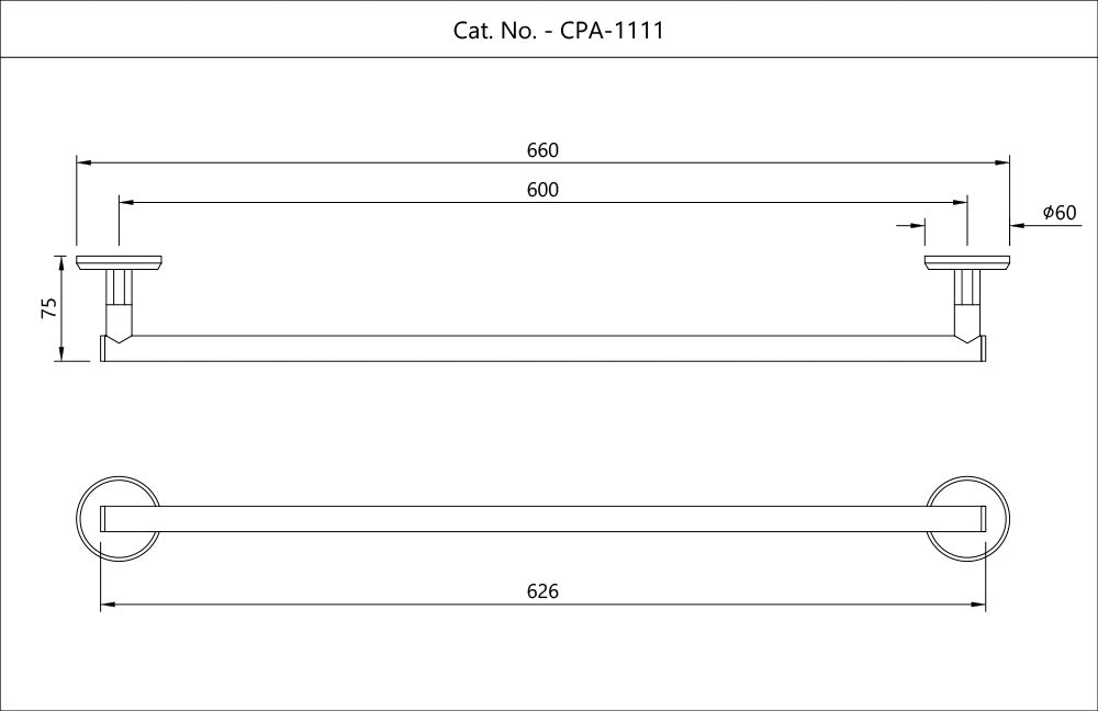 SINGLE TOWEL RAIL 600MM LONG - JAQUAR FAUCETS - ( CHROME - CONTINENTAL PRIME ACCESSORIES - 0x600 mm - 24inchX0inch )