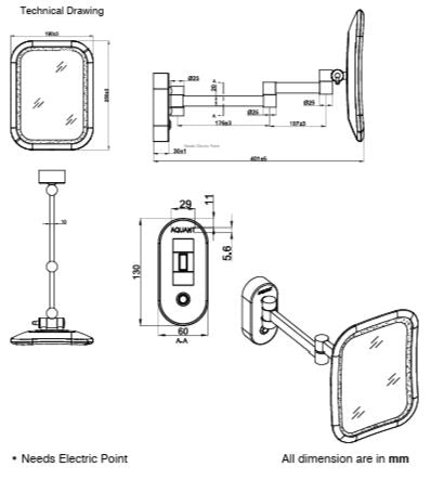BRASS MIRROR WITH DUAL LED LIGHT SQUARE - AQUANT - ( GRAPHITE GREY - ACCESSORIES - 250x190 mm - 10inchX7.6inch )