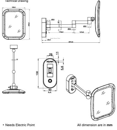 BRASS MIRROR WITH DUAL LED LIGHT SQUARE - AQUANT - ( CHROME - ACCESSORIES - 250x190 mm - 10inchX7.6inch )