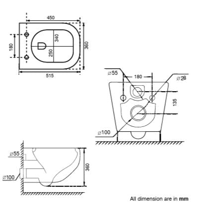 WALL HUNG WC RIMLESS W/UF SEAT COVER ( BOLT DISTANCE 7INCH) - AQUANT - ( GLOSSY BLACK - - 515x360 mm - 20.6inchX14.4inch )