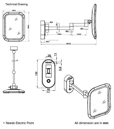 BRASS MIRROR WITH DUAL LED LIGHT SQUARE - AQUANT - ( MATT BLACK - ACCESSORIES - 250x190 mm - 10inchX7.6inch ) - ( MATT BLACK - ACCESSORIES - 250x190 mm - 10inchX7.6inch )