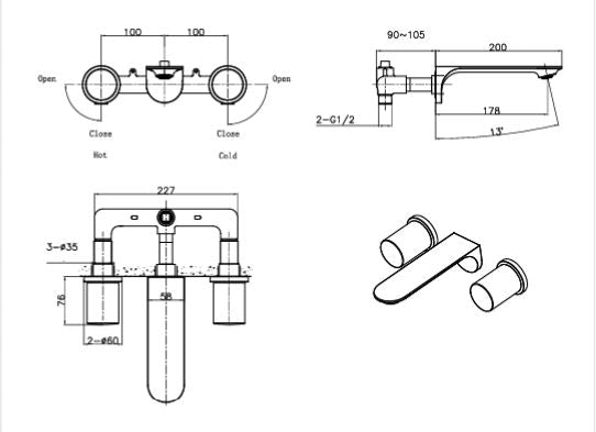 PRESTIGE COLLECTION 3/HOLE BRASS WALL MOUNTED BASIN MIXER W/STATUARIO MARBLE HANDLES - AQUANT - ( BRUSHED GOLD - PRESTIGE SERIES - 0x0 mm - 0inchx0inch )