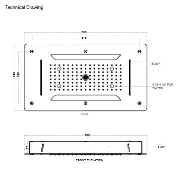 SS 4 FUNC CONC. CEILING RAIN SHWR W/INST. KIT FOR FALSE CEILING - AQUANT - ( MATT BLACK - - 700x380 mm - 28inchX15.2inch )