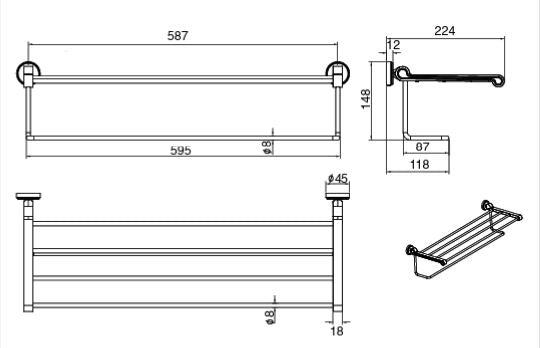BRASS TOWEL SHELF - AQUANT - ( BRUSHED GOLD - HERITAGE SERIES - 600x0 mm - 24inchX0inch )