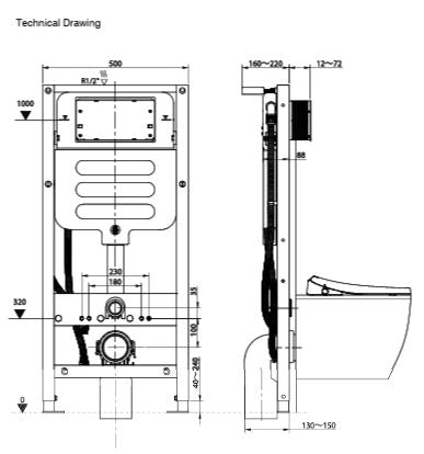CONC PNEUMATIC CISTERN W/FULL FRAME FLUSH TANK - AQUANT - ( - AQUANEXX - 1112x500x95 mm - 44.48inchX20inchX3.8inch )