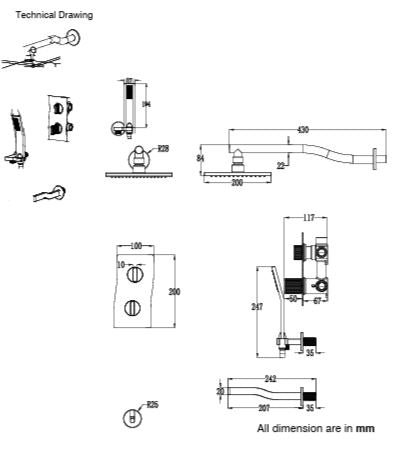 SHOWER SET W/BRASS RAIN SHOWER SIZE 250 MM W/BRASS SHOWER ARM SIZE 400 MM W/PROGRESSIVE CARTRIDGE DIVT W/CONC BODY 3 O/L 15MM INLET W/HAND SHOWER SET WITH 1.5MTR SHOWER TUBE W/WALL OUTLET WITH IN BUILT HOOK & PLAIN SPOUT - AQUANT - ( BRUSHED ROSE GOLD -