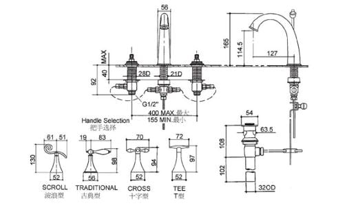 FINIAL TRADITIONAL LAV 8INCH WIDESPREAD - KOHLER LUXURY - ( FRENCH GOLD WITH BLACKENED BRONZE HANDLE - LUXURY - 0x15 mm - 0inchX0.6inch )