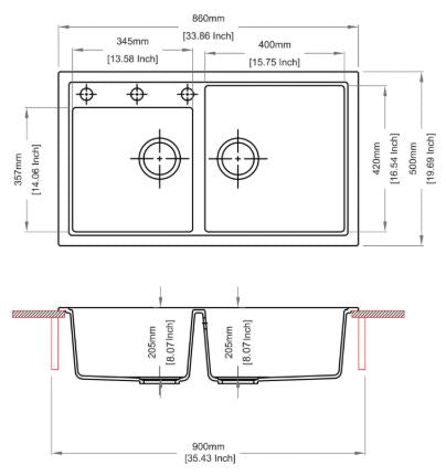 QUARTZ 2.0 BOWL W/O DRAINBRD(DEPT 8)W/P.KIT - CARYSIL - ( GRANITE CORNFLAKES - VIVALDI - 860x500 mm - 34inchX20inch )
