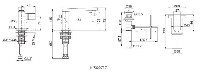 COMPOSED SINGLE CONTROL LAVATORY FAUCETNSIDE CONTROL - KOHLER LUXURY - ( BRUSHED BRONZE - LUXURY - 0x15 mm - 0inchX0.6inch )