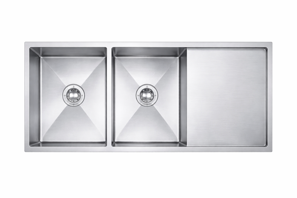 SS KITCHEN SINK 2.0 BOWL WITH DRAIN BOARD WITH FA-05A WASTE COUPLING (DEPTH 8INCH)- FUTURA - ( BRUSHED FINISH - HAND CARVED SERIES - 1193x508 mm - 47inchX20.32inch )