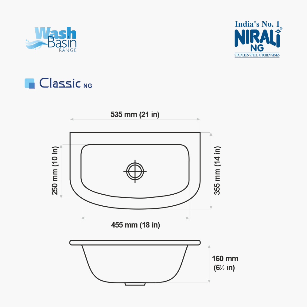 SS SINK 1.0 BOWL (DEPTH 6  ) CLASSIC BIG - NIRALI -  ( GLOSSY - WASH BASIN RANGE - 535x355 mm - 21inchX14inch )