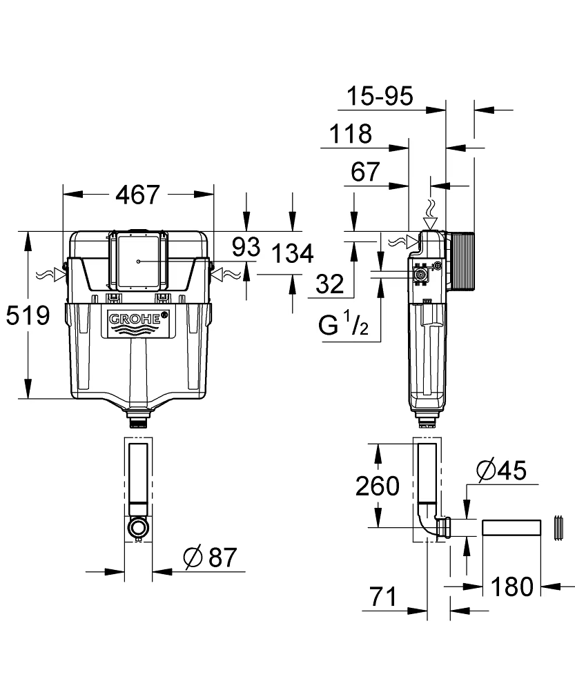 GD2 FLUSHING CISTERN, WITHOUT FRAME, 1.13 M, 6-9 L - GROHE-G2 - ( CHROME - G2 - GD2 - 0x0 mm - 0inchX0inch )