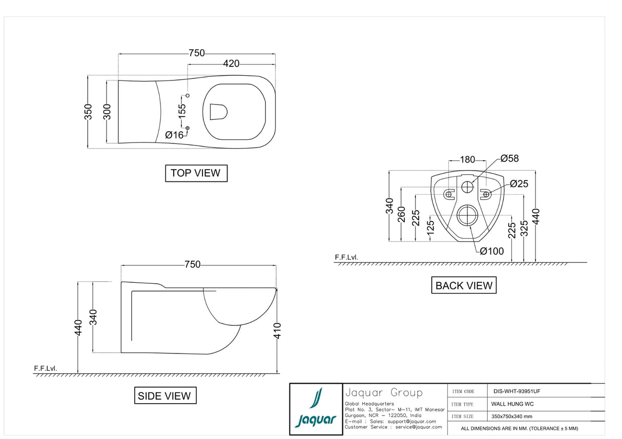 WALLHUNG WC W/UF SOFT/CLS SEAT/CVR H/ACC - JAQUAR SWARE - ( WHITE - DISABLED - 750x350 mm - 30inchX14inch )