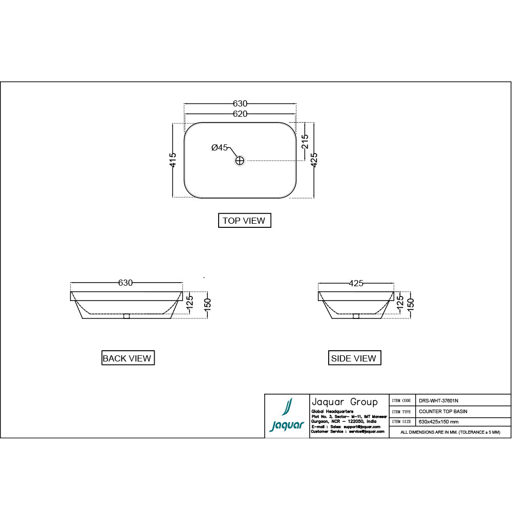 COUNTER TOP BASIN - JAQUAR SWARE - (WHITE - D-ARC - 615x415 mm - 24.6inchX16.6inch)