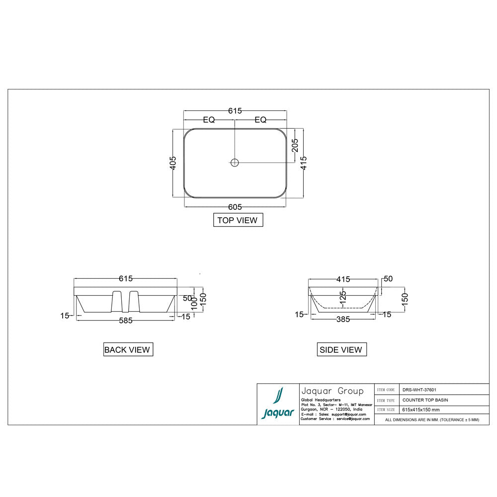 WASH BASIN COUNTER TOP - JAQUAR SWARE - ( WHITE - D-ARC - 615x415 mm - 24.5inchX16.5inch )