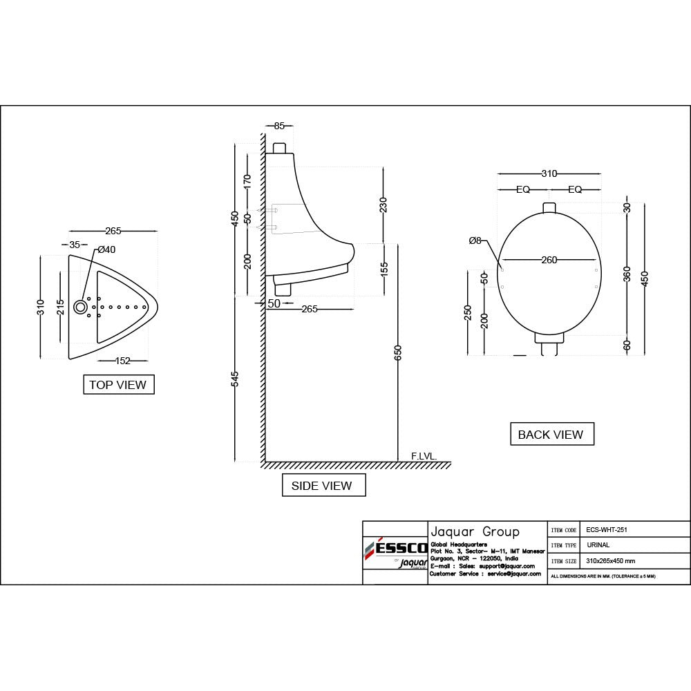URINAL WITH FIXING ACCESSORIE - ESSCO SWARE - ( WHITE - ELEMENTS - 355x270x450 mm - 14.2inchX10.8inchX18inch )