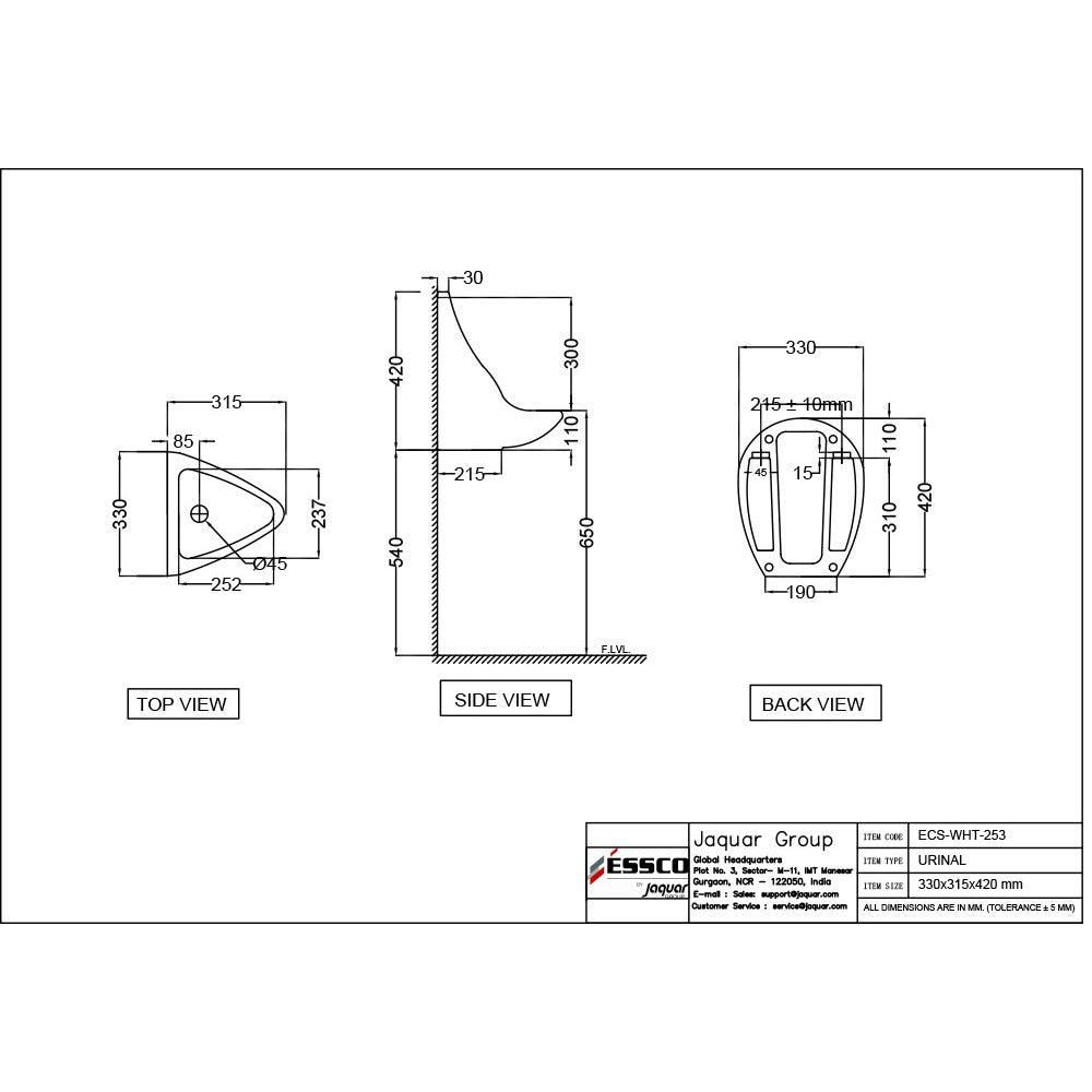 URINAL W/FIXING AACCESSSORIES - ESSCO SWARE - ( WHITE - ELEMENTS - 330x315 mm - 13.2inchX12.6inch )