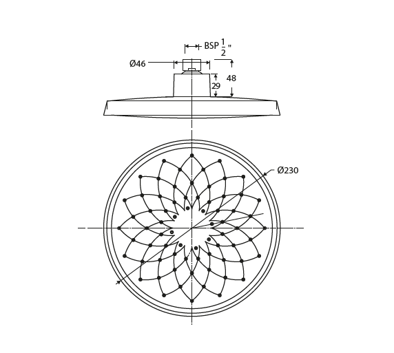 1 FLOW 230 X 60MM OH BRASS SH. ROUND - HINDWARE FAUCETS -  ( POLISHED CHROME - URBAN SHOWERS - 230x60 mm - 9.1inchx2.4inch )