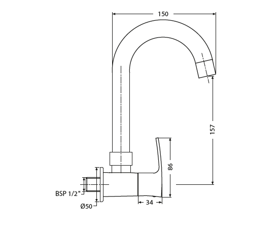 (PRUN)SINK COCK SWIVEL SPOUT-WALL MOUNT - HINDWARE FAUCETS -  ( POLISHED CHROME - AVIOR-GEOMETRIC - 0x15 mm - 0inchX0.5inch )