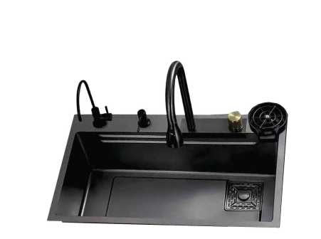 1.0 BOWL MULTIFUNCTION SS KITCHEN SINK WITH PULL OUT MIXER,RO TAP,RINSER,CHOPPING BOARD,DRAIN BASKET,WASTE COUPLING, PLUMBING KIT (DEPTH 9) - FUTURA - ( BLACK - RAINFALL - 750x450 mm - 30inchX18inch )
