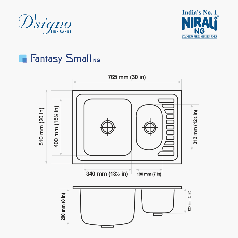 SS SINK 1.0 BOWL WITH VEG BOWL (DEPTH 8INCH)FANTASY SMALL - NIRALI -  ( SATIN - D SIGNO - 760x510 mm - 30inchX20inch )
