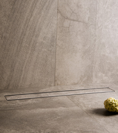 SHOWER CHANNEL DRAINR W/BASE CONTRL UNIT - AQUANT - ( 304 STAINLESS STEEL - INVISIBLE TILE INSRT - 100x750 mm - 4inchX32inch )