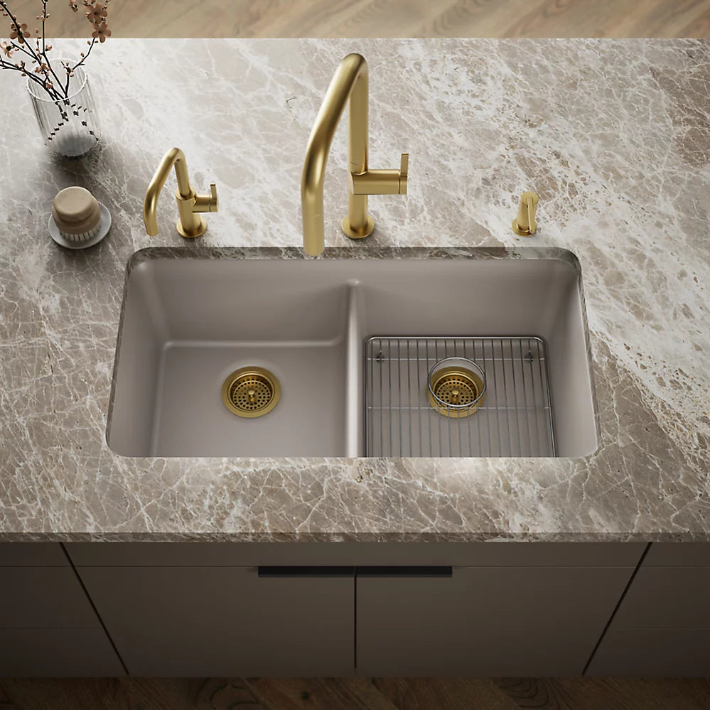 CAIRN NEOROC QUARTZ UNDERMOUNT DOUBLE EQUAL SINK W/RACK - KOHLER LUXURY - ( MATTE TAUPE - LUXURY - 851x465 mm - 34inchX18.6inch )