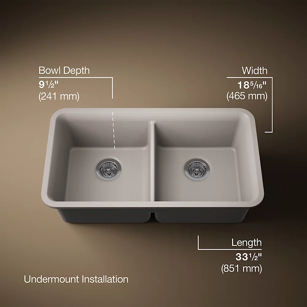 CAIRN NEOROC QUARTZ UNDERMOUNT DOUBLE EQUAL SINK W/RACK - KOHLER LUXURY - ( MATTE TAUPE - LUXURY - 851x465 mm - 34inchX18.6inch )