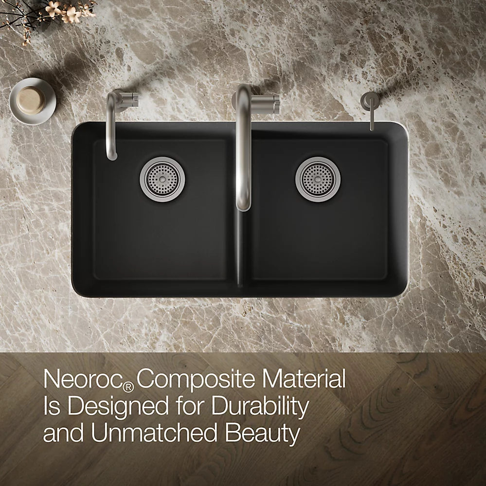 CAIRN NEOROC QUARTZ UNDERMOUNT DOUBLE EQUAL SINK W/RACK - KOHLER LUXURY - ( MATTE GRAPHITE - LUXURY - 851x465 mm - 34inchX18.6inch )