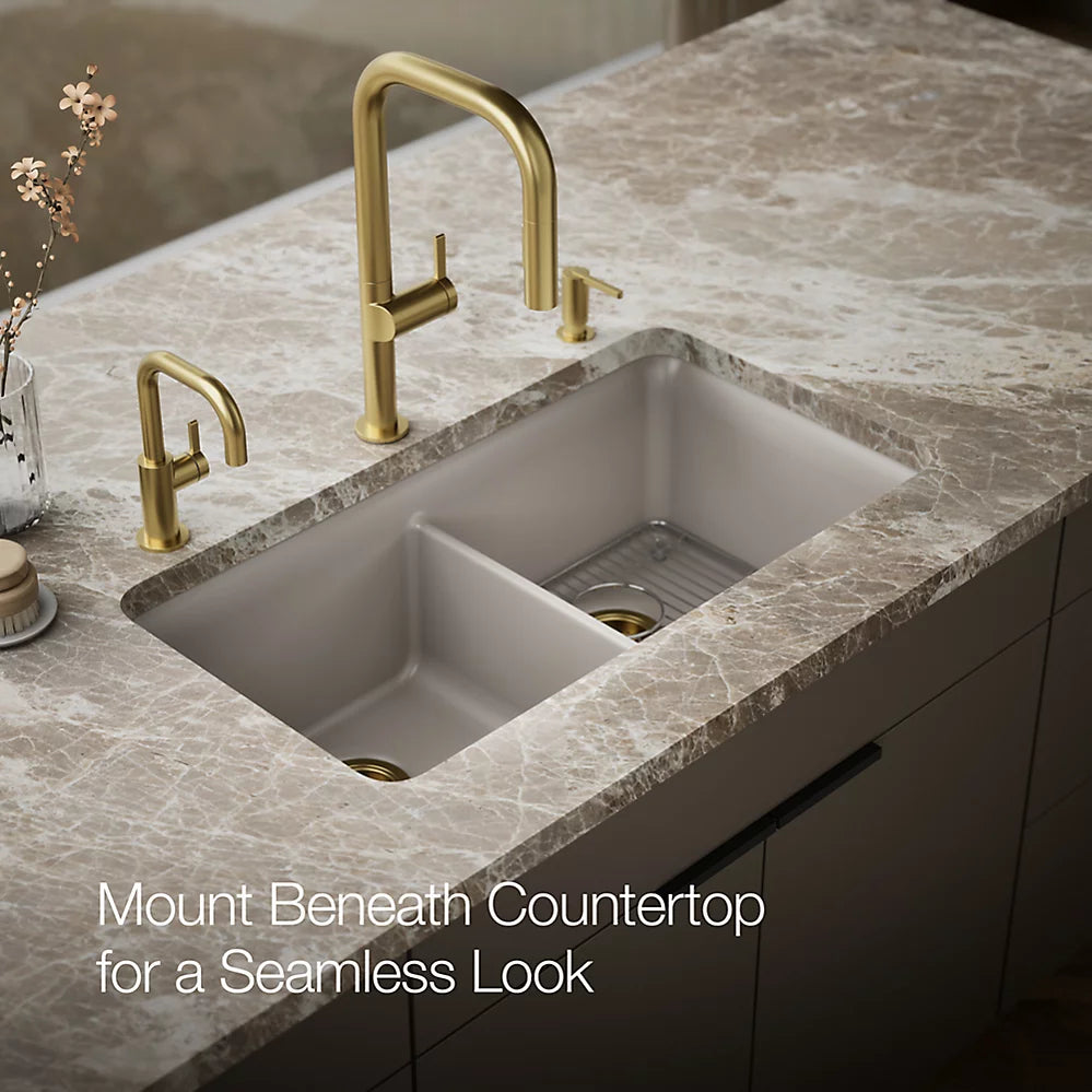 CAIRN NEOROC QUARTZ UNDERMOUNT DOUBLE EQUAL SINK W/RACK - KOHLER LUXURY - ( MATTE TAUPE - LUXURY - 851x465 mm - 34inchX18.6inch )