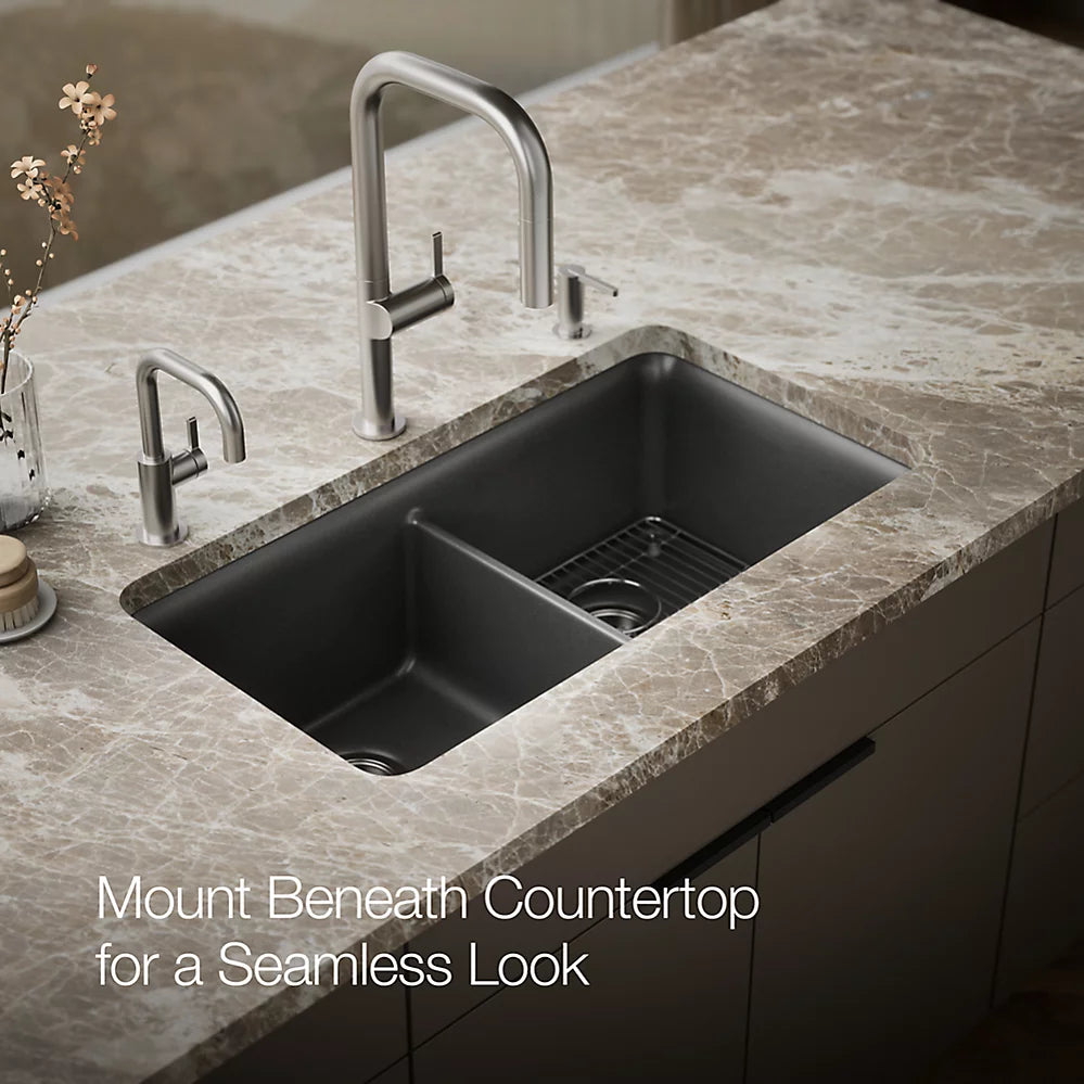 CAIRN NEOROC QUARTZ UNDERMOUNT DOUBLE EQUAL SINK W/RACK - KOHLER LUXURY - ( MATTE GRAPHITE - LUXURY - 851x465 mm - 34inchX18.6inch )