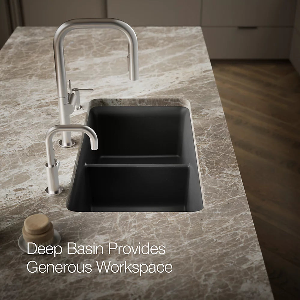 CAIRN NEOROC QUARTZ UNDERMOUNT DOUBLE EQUAL SINK W/RACK - KOHLER LUXURY - ( MATTE GRAPHITE - LUXURY - 851x465 mm - 34inchX18.6inch )