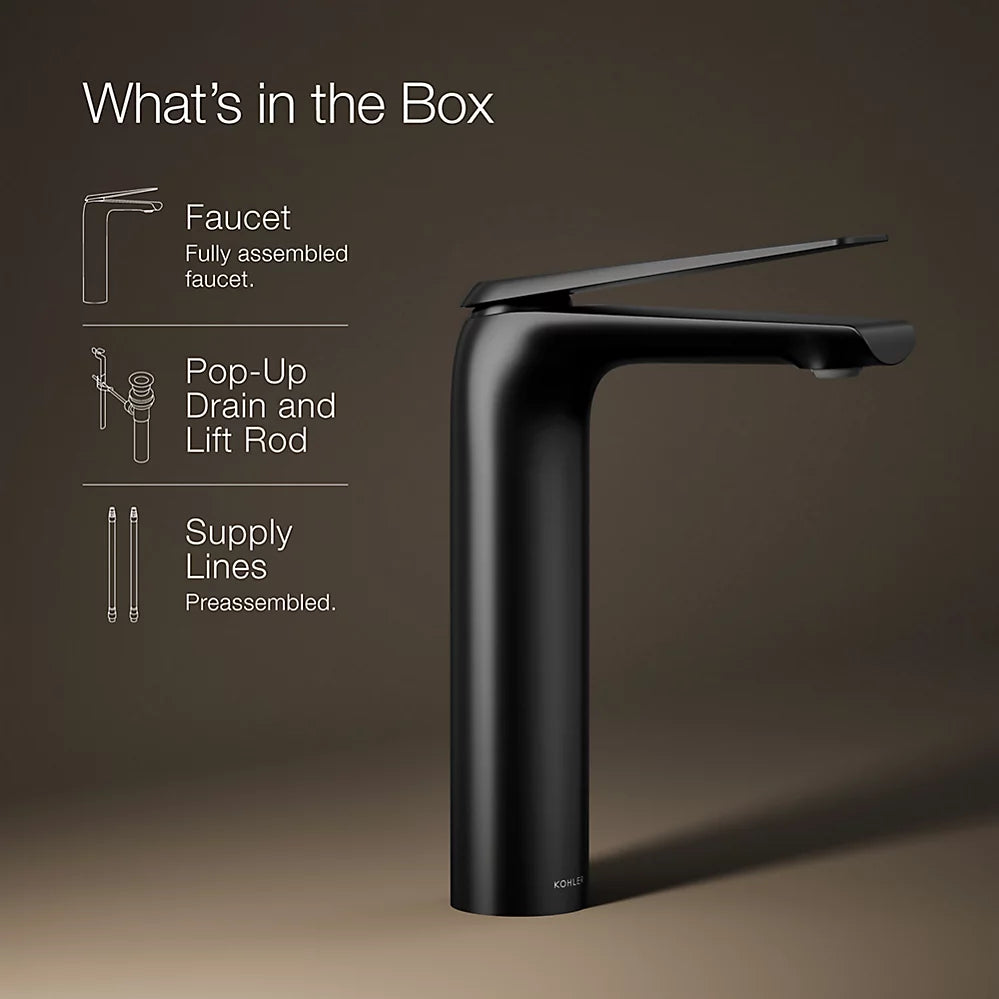 AVID TALL SINGLE HANDLE FAUCET W/PIPES - KOHLER LUXURY - ( BLACK MATT - LUXURY - 0x15 mm - 0inchX0.5inch )