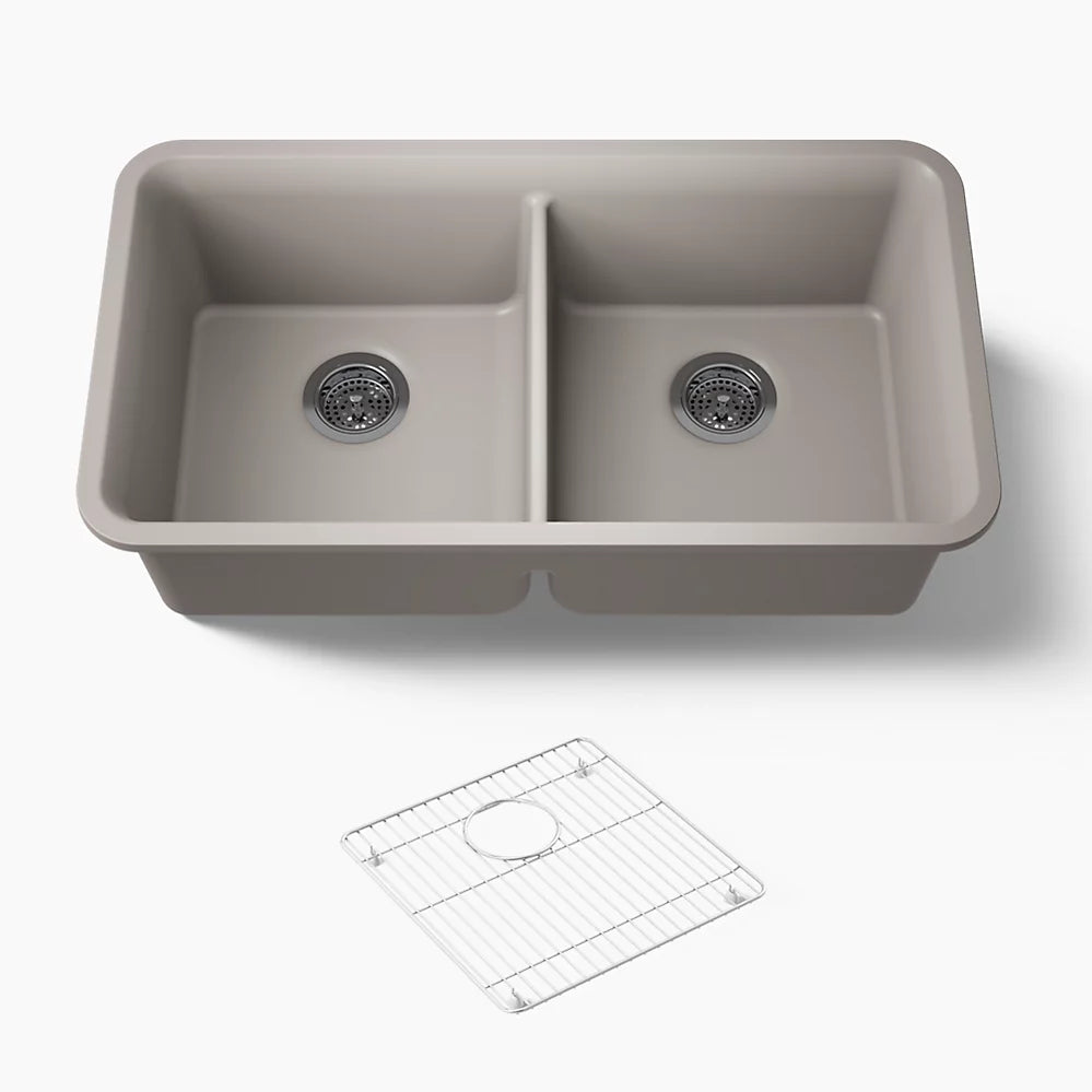 CAIRN NEOROC QUARTZ UNDERMOUNT DOUBLE EQUAL SINK W/RACK - KOHLER LUXURY - ( MATTE TAUPE - LUXURY - 851x465 mm - 34inchX18.6inch )