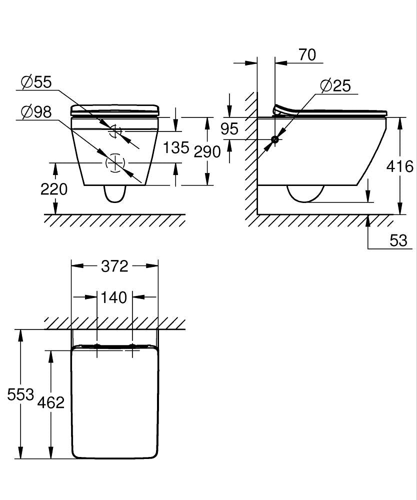 EURO CERAMIC 2.0 WALL HUNG WC RIMLESS W/SEAT COVER - GROHE - (ALPINE WHITE - G3 - EURO 2.0 - 372x553x363 mm - 14.8inchX22.1inchX14.5inch)