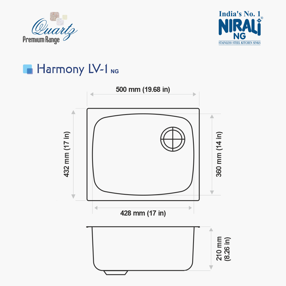 QUARTZ SINK 1.0 BOWL W/O DRAINBOARD (DEPTH 8.5INCH) HARMONY LV-1 - NIRALI - ( OLD STONE GRANITE - QUARTZ PREMIUM RANGE - 500x432 mm - 19.68inchX17inch )