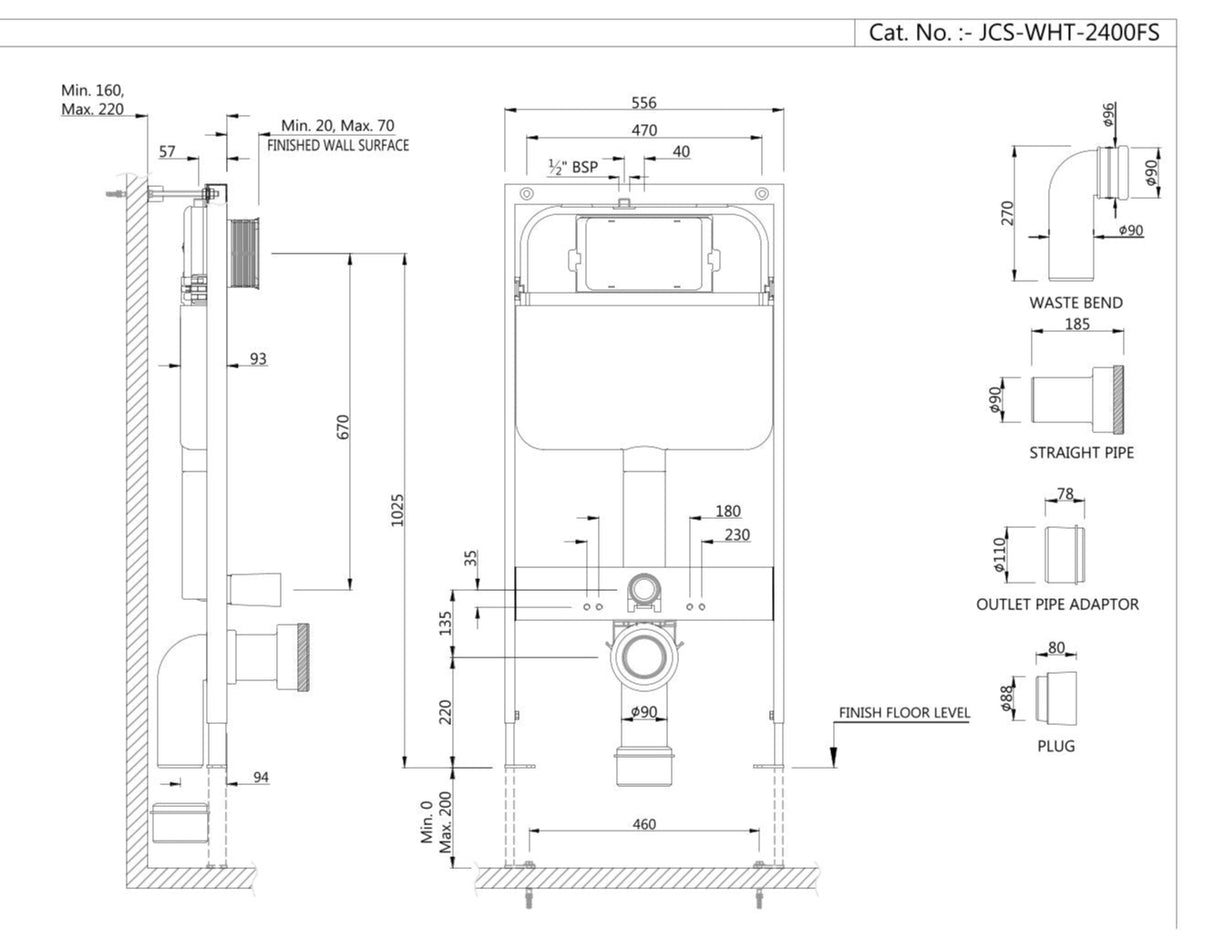 Technical drawing of a plumbing system with dimensions and labels