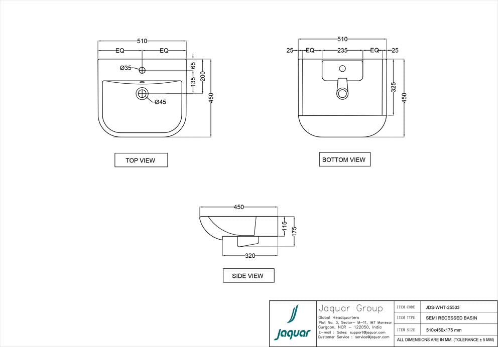SEMI RECESSED BASIN - JAQUAR SWARE - ( WHITE - JDS - 500x445 mm - 20inchX17.5inch )
