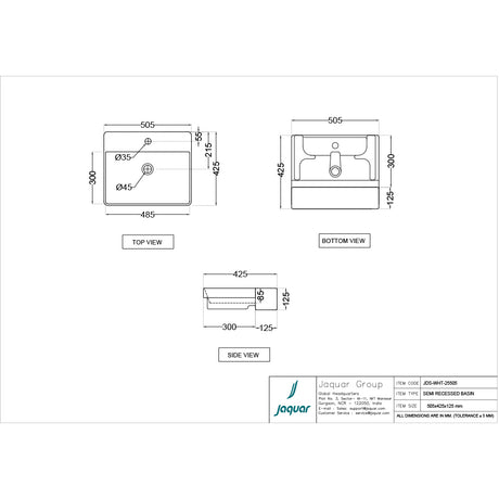 TABLE TOP BASIN SEMI RECESSED  - JAQUAR SWARE -  ( WHITE - JDS - 590x430 mm - 23.6inchX17.2inch )