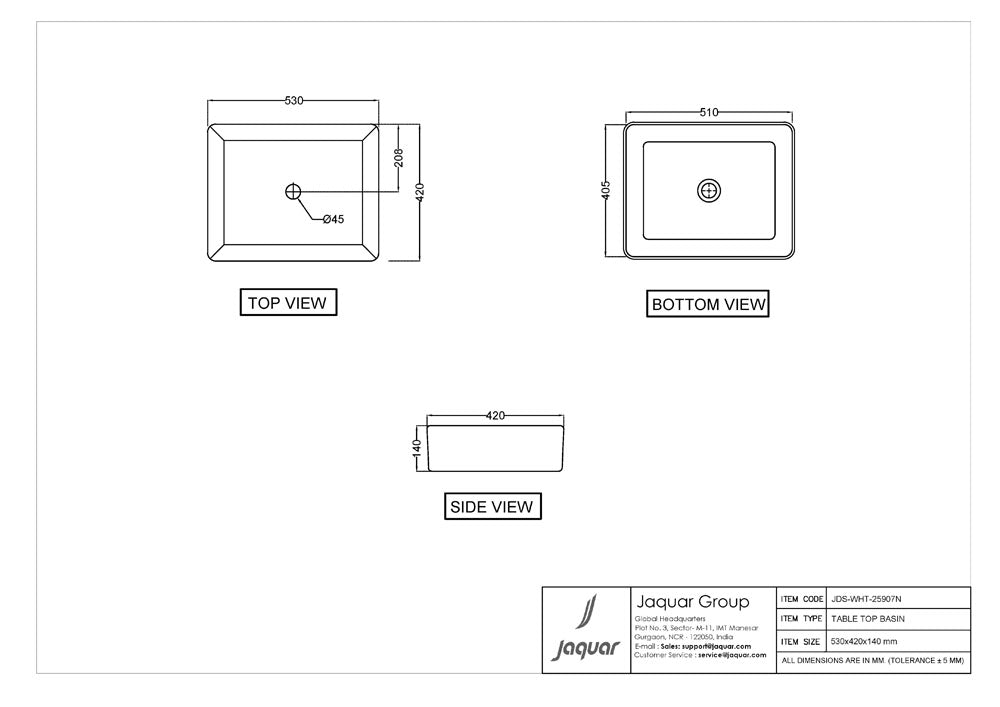 TABLE TOP BASIN - JAQUAR SWARE - ( WHITE - JDS - 530x420 mm - 21inchX17inch )