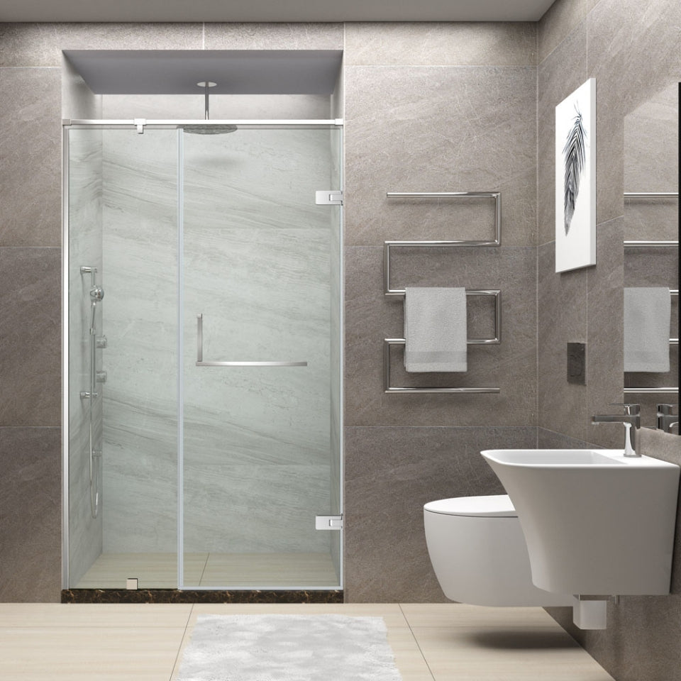 WALL TO WALL SHOWER ENCLOSURE WITH ONE FIXED GLASSB & ONE OPENABLE DOOR FIXED ON WALL - 2 PARTS (1820-2300MM)- JAQUAR ENCLOSURE - ( CHROME - 8MM CLEAR TOUGHENED GLASS - 0x2400 mm - 0inchX96inch )