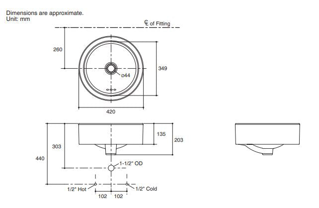 ROUND TABLE TOP BASIN W/O FAUCET HOLE - KOHLER PREMIUM -  ( WHITE - PREMIUM - 0x413 mm - 16inchX0inch )