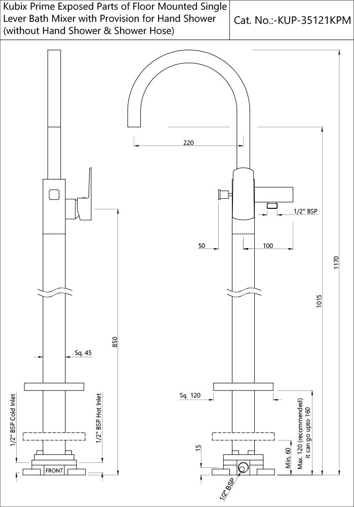 EXPOSED PARTS OF FLOOR MOUNTED SINGLE LEVER BATH MIXER - JAQUAR FAUCETS - ( BLUSH GOLD PVD - KUBIX PRIME - 0x15 mm - 0inchX0.5inch )