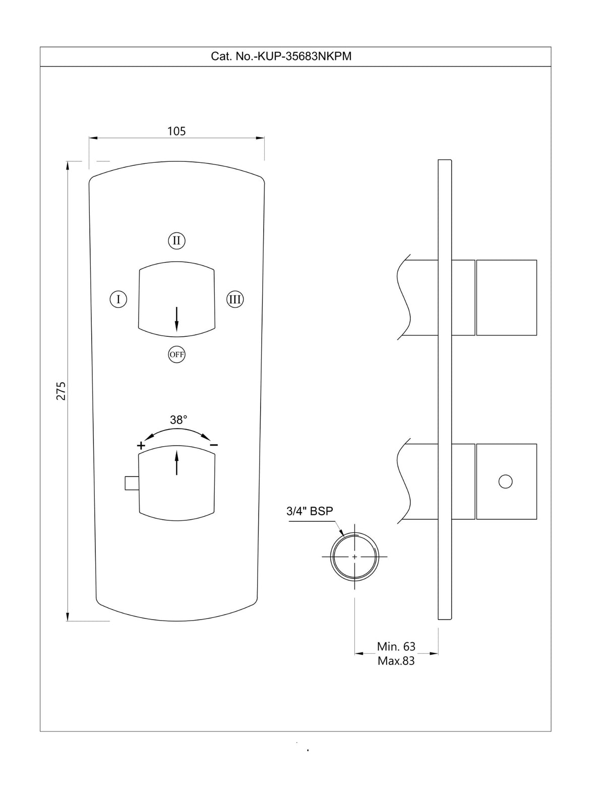AQUAMAX EXPOSED PART KIT OF THERMOSTATIC SHOWER MIXER WITH 3-WAY DIVERTER & SLEEVE (COMPATIBLE WITH ALD-683N) - JAQUAR FAUCETS -  ( CHROME - KUBIX PRIME - 0x20 mm - 0inchX0.75inch )