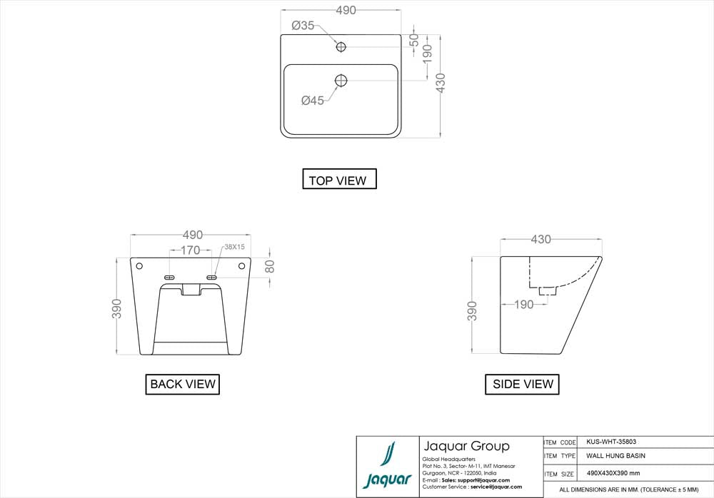 WALL HUNG INTEGRATED BASIN - JAQUAR SWARE - ( WHITE - KUBIX - 490x430 mm - 20inchX17inch )