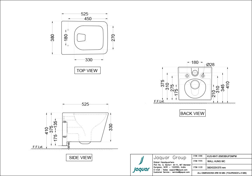 EWC RIMLESS BLIND INSTALLATION WALL HUNG - JAQUAR SWARE -  ( WHITE - KUBIX PRIME - 525x380 mm - 21inchX15.2inch )