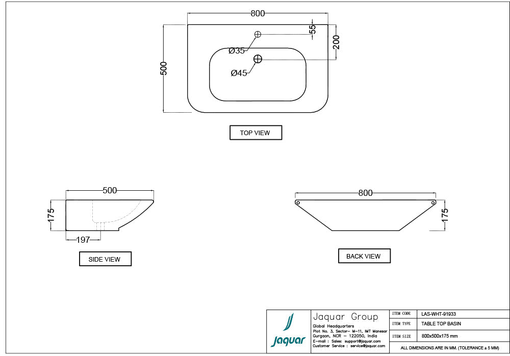 TABLE TOP WASH BASIN - JAQUAR SWARE -  ( WHITE - LAGUNA - 800x500 mm - 32inchX20inch )