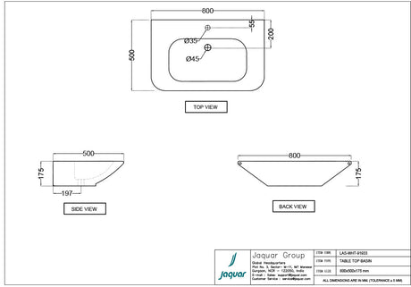 TABLE TOP WASH BASIN - JAQUAR SWARE -  ( WHITE - LAGUNA - 800x500 mm - 32inchX20inch )