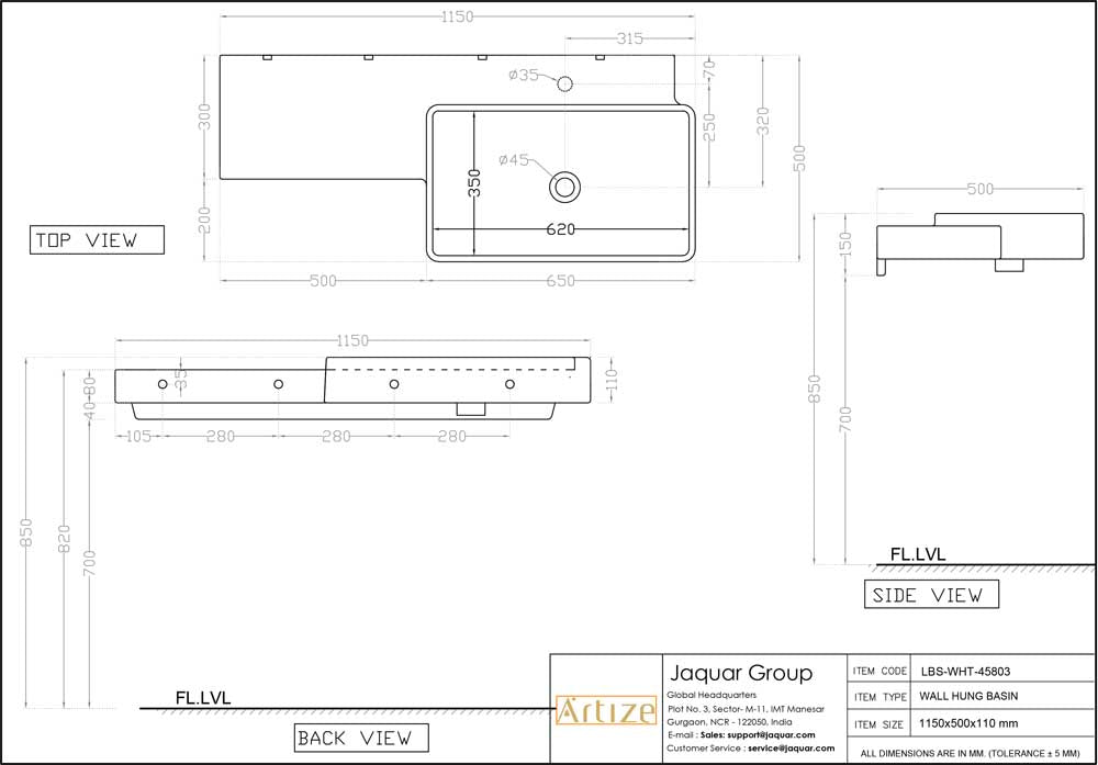 WASH BASIN WALL HUNG - ARTIZE SWARE -  ( WHITE - LE BLANC - 1150x500 mm - 46inchX20inch )