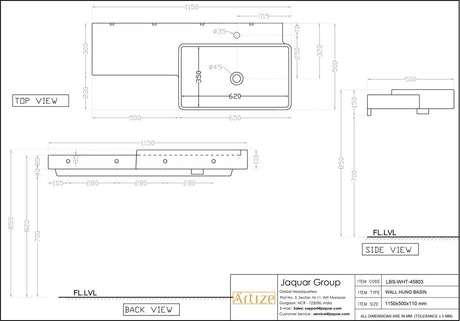WASH BASIN WALL HUNG - ARTIZE SWARE -  ( WHITE - LE BLANC - 1150x500 mm - 46inchX20inch )